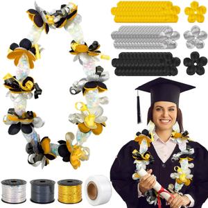 JarThenaAMCS 328Ft Graduation Candy Lei Making Kit Include 1 Roll Poly Tubing 600Pcs Flower 3 Rolls Ribbon for 2025 Congrats Grad Party DIY Crafts Supplies (Black Gold Silver)
