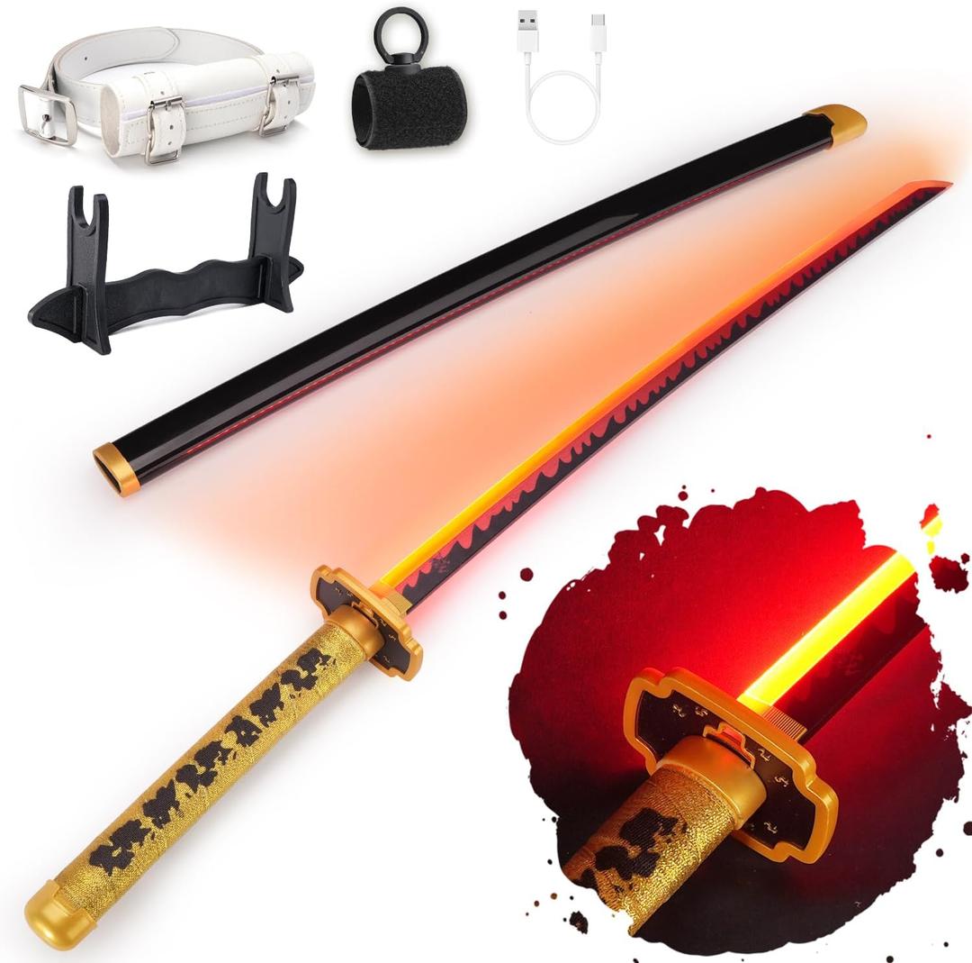 RENGENG Light Up Sword, 40 Inches Rechargeable Plastic Replica with Belt & Stand, Sword with Original Texture (Tsugikuni Yoriichi)