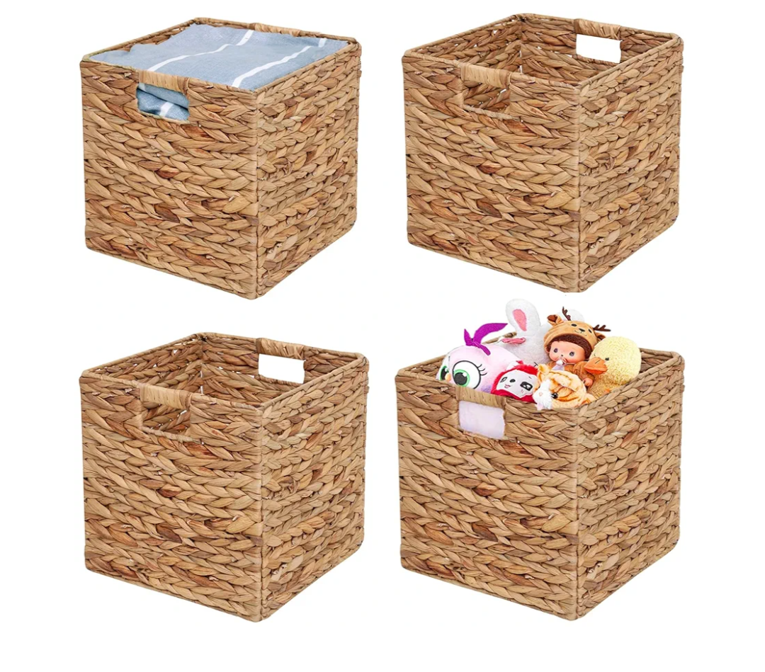 Storage Baskets 11x11inch Cube Baskets 4 pcs Baskets,Foldable Handwoven Water Hyacinth Laundry Organizer,Cube Storage Baskets