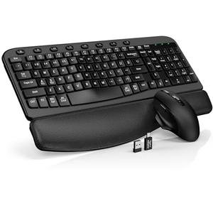 Wireless Keyboard and Mouse Combo – Ergonomic Wave Key, Built-in Leather Soft Palm Rest, 2.4G Full Size, 8 Hotkeys, 6-Button Mouse with 4-Level DPI, Dual USB-A/USB-C, Windows & macOS Compatible, Modern Black