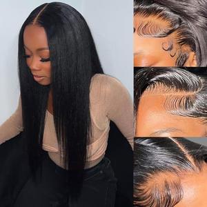 Ladoux 13x6 Lace Front Yaki Straight Wig HD Transparent Yaki Straight Frontal Closure Human Hair Wigs for Women 18Inch 180% Density Glueless Wig Pre Plucked With Baby Hair