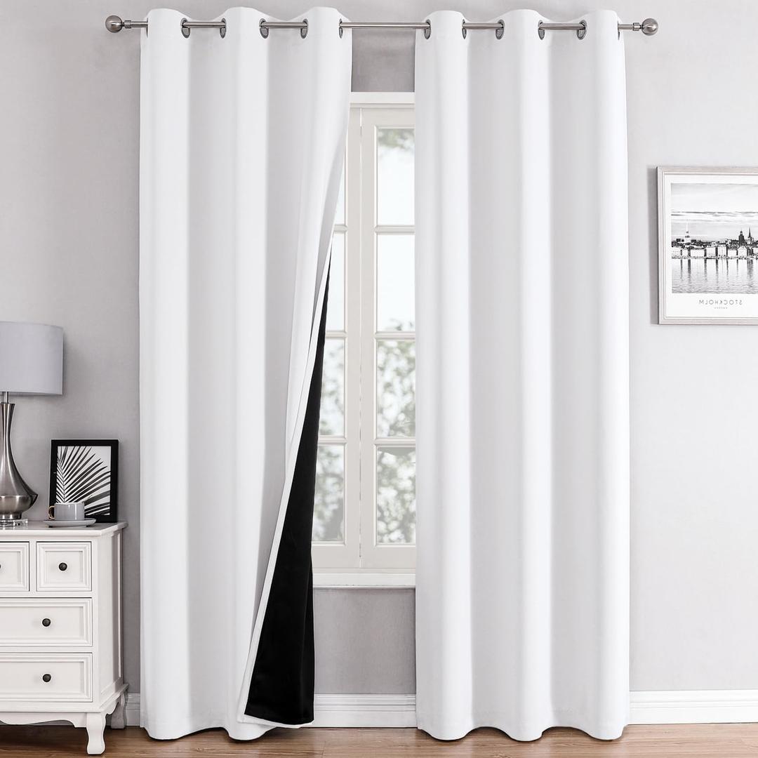 ChrisDowa White 100% Blackout Curtains for Bedroom with Black Liner, 2 Thick Layers Total Blackout Thermal Insulated Grommet Window Curtains 2 Panels Set (Pure White, 42 x 84 Inch)
