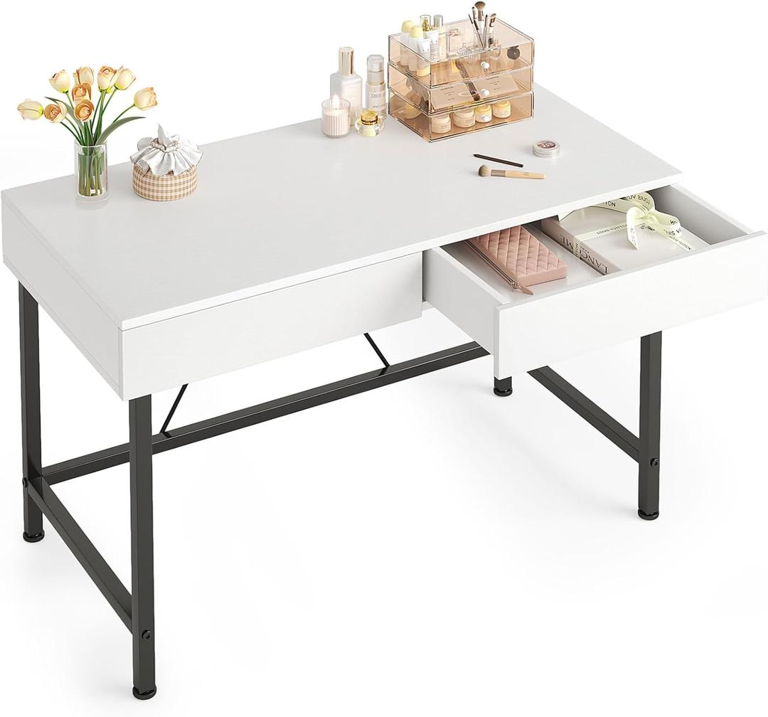 VERMESS Small Desk with Wood Drawers, 40 Inch White Vanity Desk for Bedroom, Makeup Desks No Mirror, Kids Work Desks with Storage for Home Office, Study Writing Computer Table, Simple & Minimalism