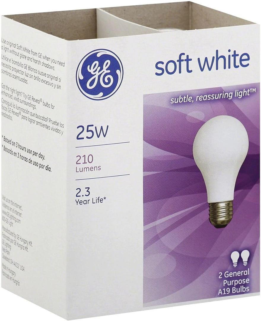 General Electric Ge Soft White Light Bulbs 25 W 210 Lumens A19 Med Base 4-1/4 In. Pack / 2