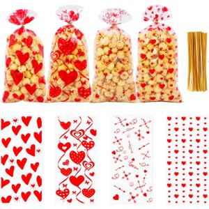 WRSION 120 PCS Valentines Treat Bags, Valentines Gift Bags, Valentine's Day Cellophane Bags, 4 Styles Red Heart Valentines Goodie Bags with 140 PCS Gold Twist Ties for Valentines Party Wedding Favor Supplies - 10.6 x 5.1 Inch