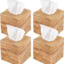 4 Pack Rattan Tissue Box Cover Square, Hand Woven Wicker Tissue Holder, Tissue Box Holder, Wicker Tissue Box Cover, 5.5 x 5.5 X 5.5 inch, Natural