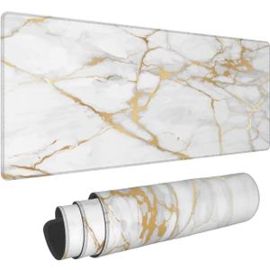 White and Gold Marble XL Large Mouse Pad with Stitched Edges Long Non-Slip Rubber Base Mousepad Laptop Keyboard Mat Desk Pad for Office Home Desk Decor, 31.5" X 11.8"