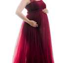 Women Off Shoulder Long Sleeve Maternity Dress Tulle Elegant Slim Fit Gown Baby Shower Photography Maxi Dress for Photo Shoot (X-Large, Z#wine Red)