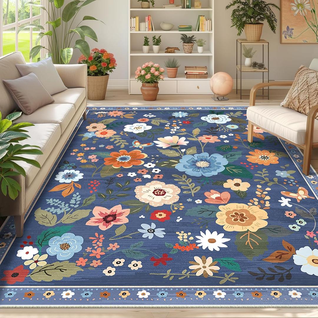 Floral Nursery 6x9 Area Rugs Washable Print Boho Cute Carpet Non Slip Flower Low Pile for Living Room Kids Girls Playroom Bedroom Kitchen Office Farmhouse-Blue/Grey