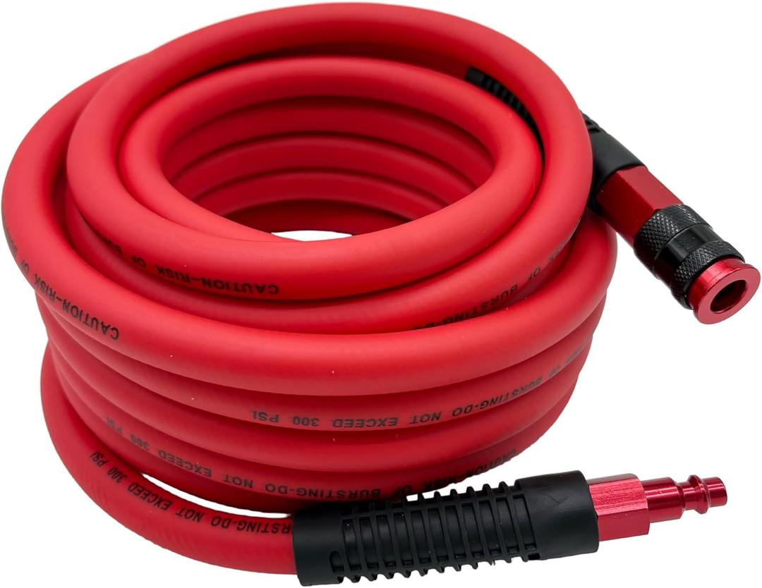 Hybrid Air Hose 3/8-Inch x 25FT300 PSI Heavy Duty Air Compressor Hose, Lightweight, Kink Resistant, All-Weather Flexibility with 1/4-Inch Swivel Solid Aluminum Quick Coupler and Plug,Red