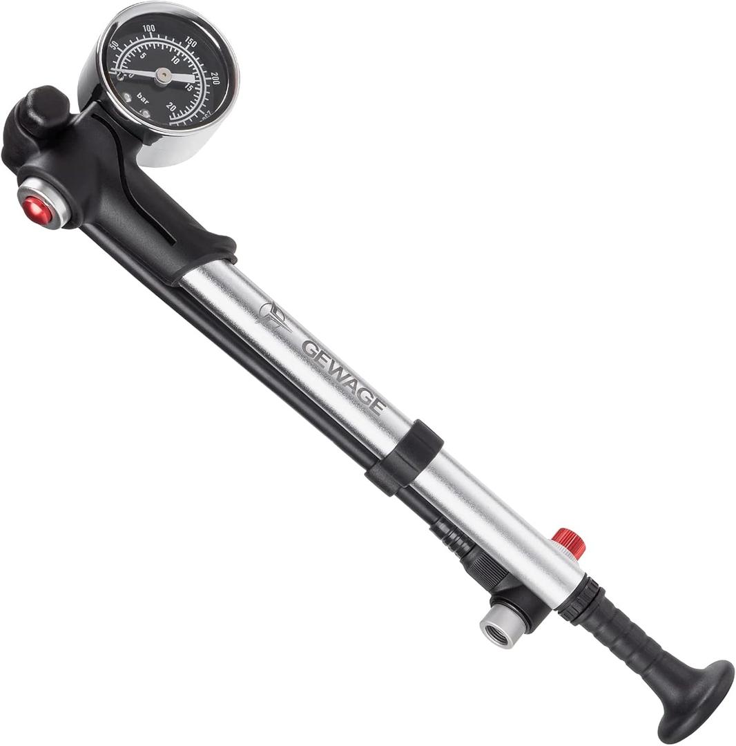 Shock Pump for Mountain, Road Bikes and Motorcycle - 300 Psi High Pressure for Front Fork and Rear Suspension Air Shocks Pump with Gauge -Portable Mini Pump with Air Bleed Button (Silver)