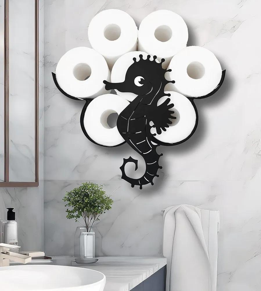 Euiroet Seahorse Wall Mounted Toilet Holder Paper Storage,Funny Animals Storage Paper Holders for Bathroom,Waterproof Metal Toilet Paper Storage,Black Metal Toilet Paper Organizer Hold Extra 8 Rolls