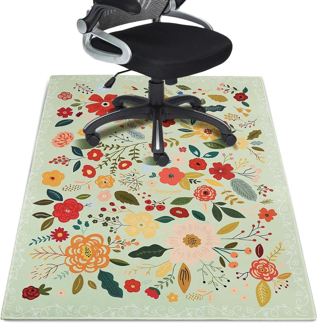 Office Chair Mat for Hardwood Floor 36"X 48" Office Rugs for Rolling Chairs Computer Desk Chair Non-Slip Boho Floral Protector Mats for Hard Floor & Tile Floor Decor (Green Boho Flowers)