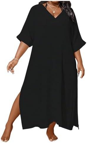 WDIRARA Women's Plus Size Swimwear V Neck Half Sleeve Split Side Cover Up Beach Dress 3XL