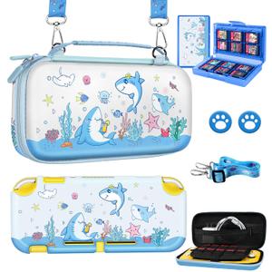 6in1 Kits Accessories Bundle for Nintendo Switch Lite 2019 - Cute Carrying Case, Protective Cover, Joy Con Grips, Thumb Grips, 24 Game Holder, Shoulder Strap Teens Boys Girls, Blue Shark