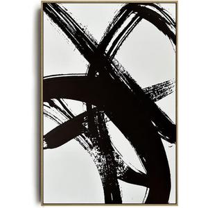 Muted Minimalism Black and White Lines Brushstrokes Abstract Wood Framed Canvas Wall Art for Bedroom - Minimalist Large Oversize 24x36 Ready to Hang Living Room, Aesthetic Retro Moody Line Print (36L" x 24W", Fine Art 14)