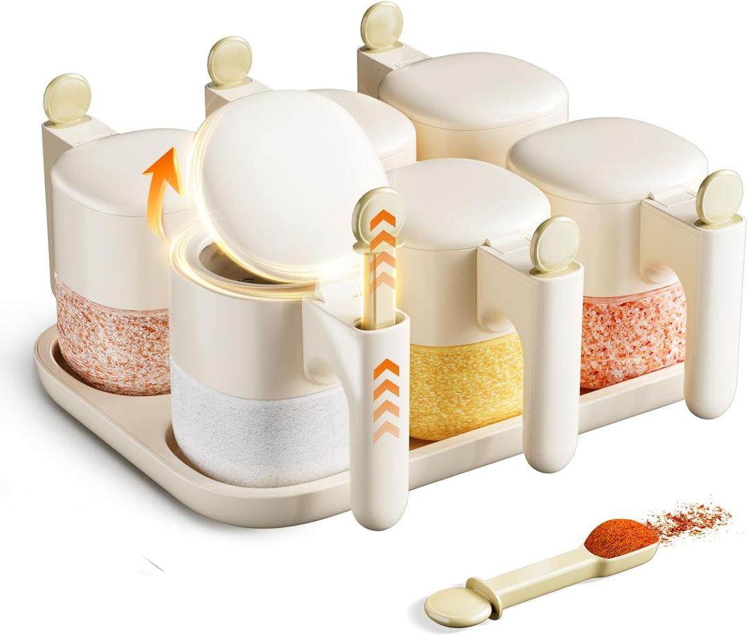 Seasoning Spice Containers with Lid and Spoon Set,6Pack 11oz AutoOpen/Close Seasoning Box Wide Mouth Glass Salt and Sugar Container Sets for Countertop,Dishwasher Safe Spice Jars