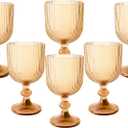 Vintage Wine Glasses Set of 6, 11 Ounces Colored Glass Water Goblets, Colorful Unique Embossed Pattern High Clear Stemmed Glassware Wedding Party Bar Glass Drinking Cups Vertical Line Gold Amber