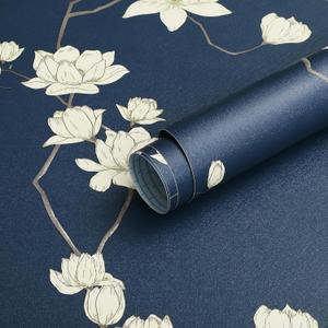 GloryTik Dark Blue Floral Peel and Stick Wallpaper Beige Flowers Contact Paper Self Adhesive Removable Chinoiserie Wall Paper for Living Room Bedroom Bathroom Wall Vinly Roll Decor 17.3" X 197" (17.3" x 197", Dark Blue and Beige)
