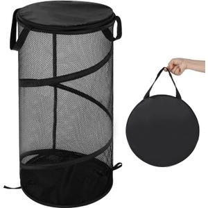 BATTOO Collapsible Laundry Basket with Lid Foldable Mesh Pop Up Hamper with Handles for Laundry Room, Bathroom, Kids Room, College Dorm, Travel, Storage Organizer Black