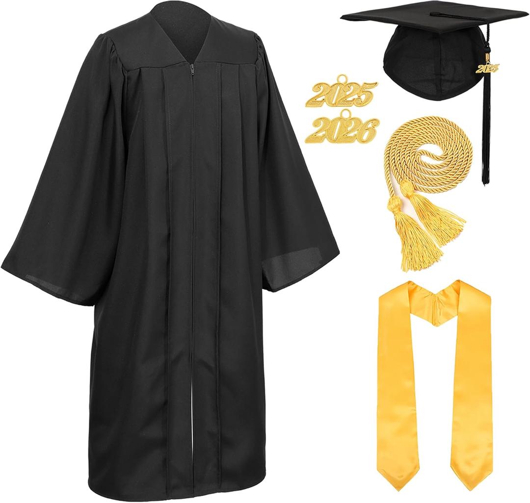 Unisex Adult Matte Graduation Cap and Gown Set with Honor Cord Gold Stoles for College School Bachelor Graduates (Black)