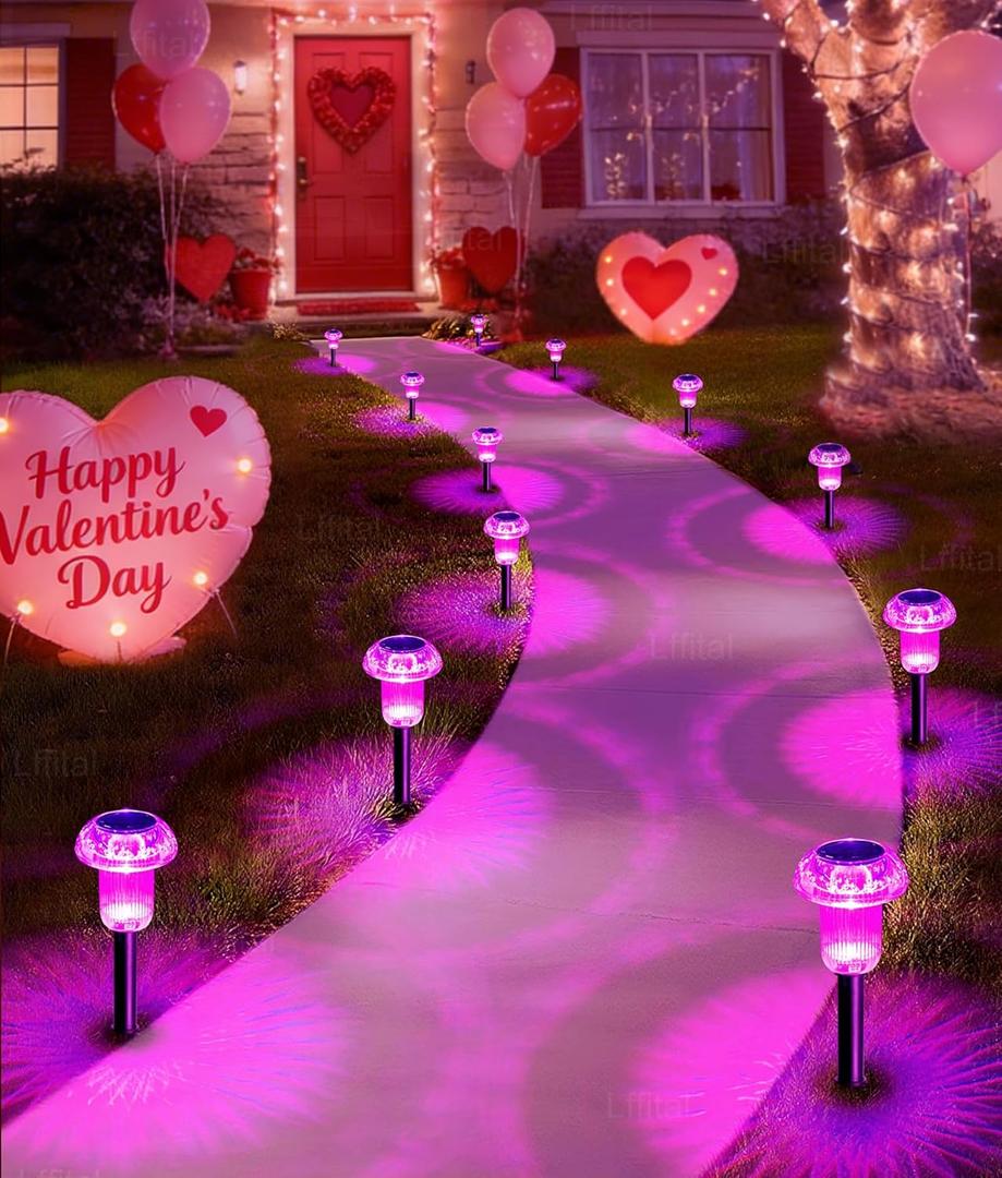 Valentine's Day Solar Lights Outdoor 8 Pack Mother's Day Solar Pathway Lights Outdoor Pink Purple Mushroom LED Waterproof Lighting Stake for Women Outside Yard Path Garden Lawn Landscape