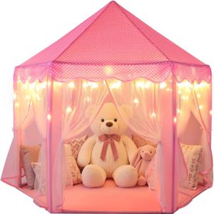Sumbababy Princess Castle Tent for Girls Fairy Play Tents for Kids Hexagon Playhouse with Fairy Star Lights Toys for Children or Toddlers Indoor or Outdoor Games (Pink)
