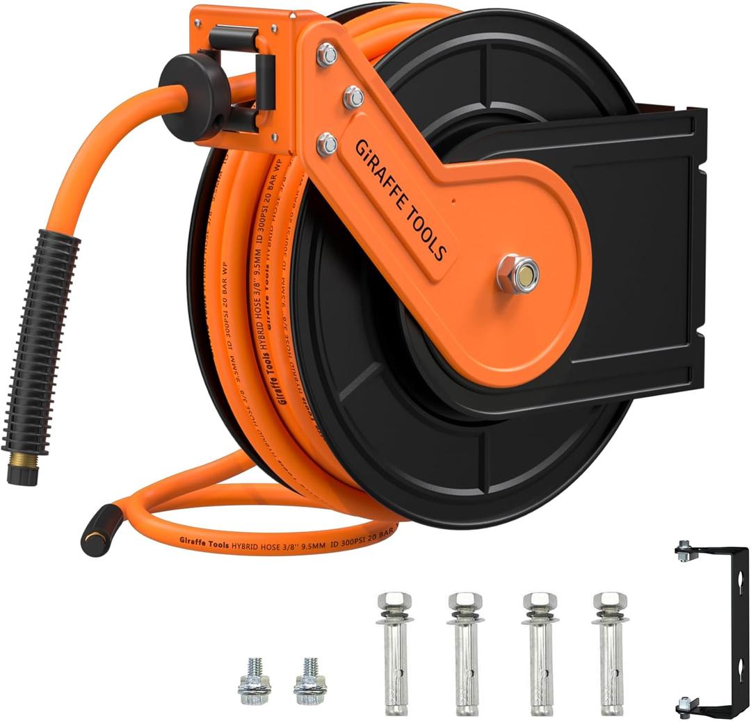 Giraffe Tools TA15BPLUS Retractable Air Hose Reel with Swivel Bracket 3/8" x 50 ft Hybrid Hose, Ceiling/Wall Mounted Heavy Duty Industrial Air Compressor Hose Reel, 300PSI, 50ft