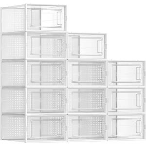 SONGMICS Shoe Boxes, Pack of 12 Shoe Storage Organizers, Stackable Clear Plastic Boxes for Closet, Sneakers, 9.1 x 13.1 x 5.6 Inches, Fit up to US Size 11, Transparent and White ULSP12SWT