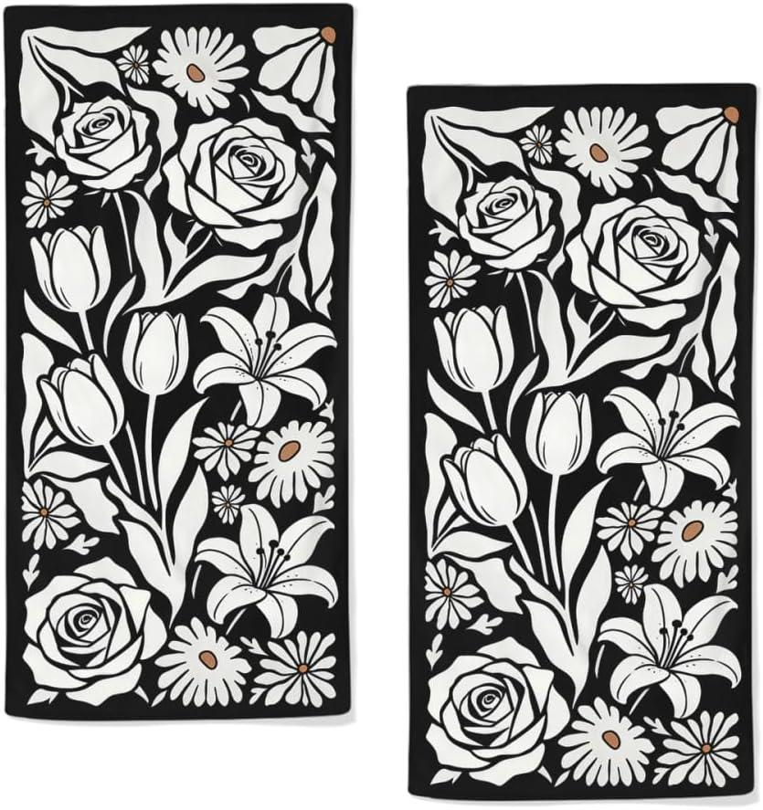 Floral Hand Towels for Bathroom, 2 Packs Decorative Daisy Floral Towels 28.7 x 13.7 Inches Boho Dish Towels for Home Spa Gym Decor Spring Summer Mid Century Fingertip Towels