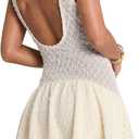 SOLY HUX Women's Summer Crochet Knit Mini Dress Deep V Neck Sleeveless Ruffle Layered A Line Vacation Party Dresses (L)