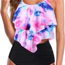 Womens Tankini Swimsuits Ruffled Tank Top Tummy Control Floral Modest Swimwear High Waisted Bikini, XXL