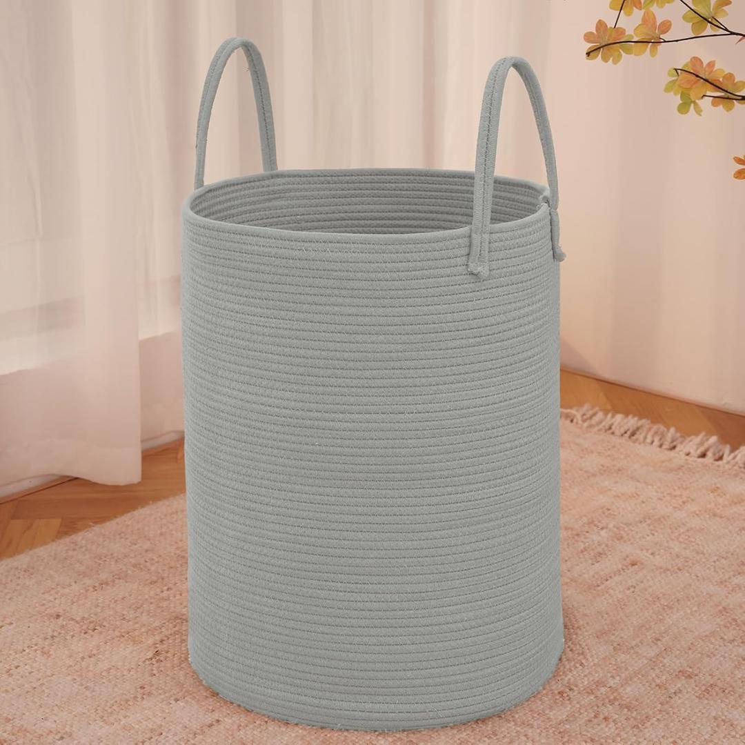 JMvicyroam Large Woven Laundry Basket Hamper,100L Cotton Rope Storage Bin for Blankets,Toys and Clothes,Decorative Tall Nursery Hamper for Living Room,Baby Nursery,Bathroom and Bedroom,Grey