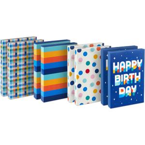 Hallmark Designed Shirt Boxes with Lids (8 Boxes: 2 Each of Orange and Blue Stripes, Plaid, Dots, Happy Birthday) for Birthdays, Father's Day, Graduations