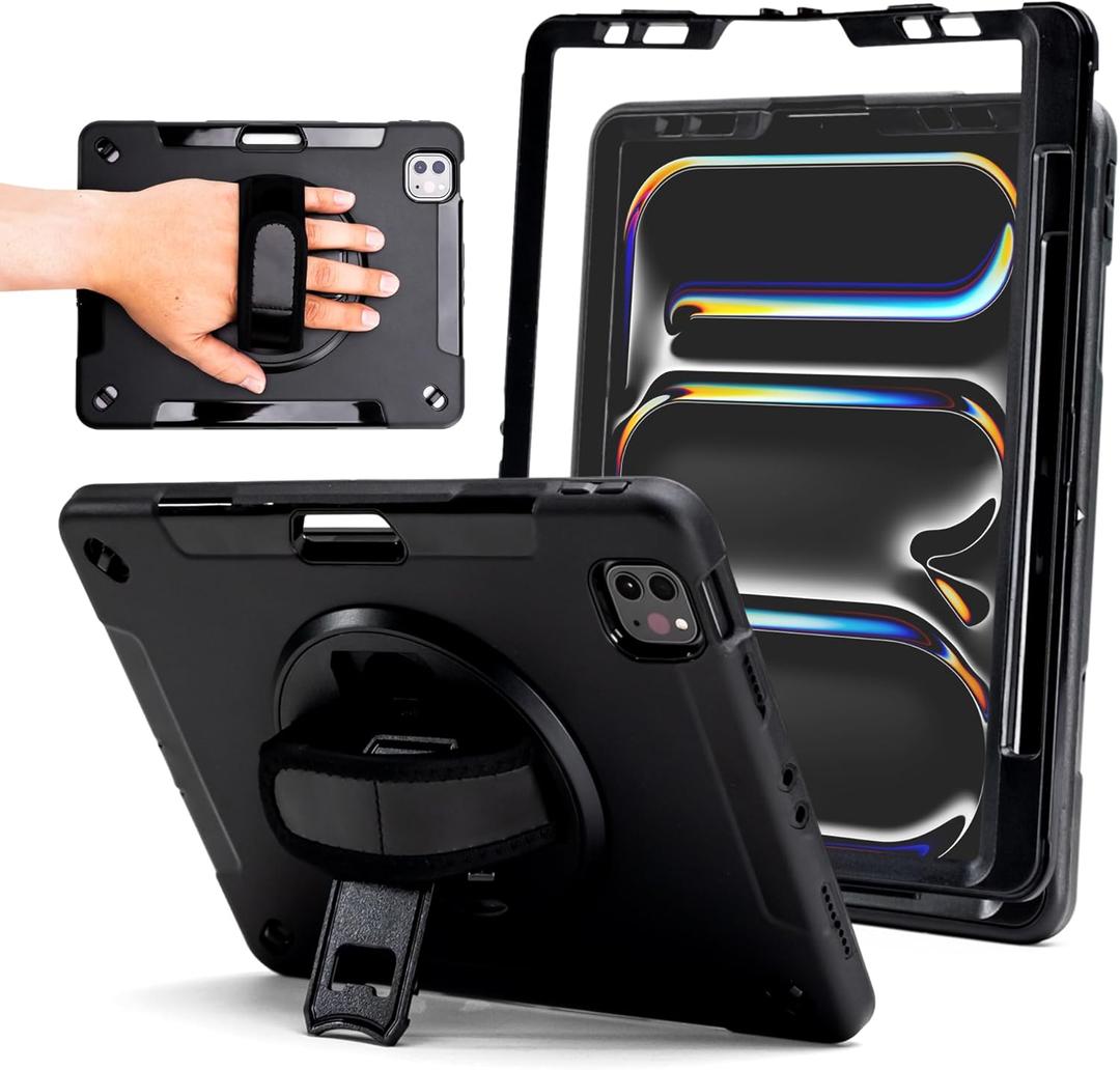 ZAGG Rugged Tablet Case for iPad Pro 11-inch (M5)/ Pro 11-inch (M4) - Protective, 360 Rotating Hand Strap, Integrated Kickstand, Drop-Proof, Ideal for Business, Warehouse, and Field Use, Black