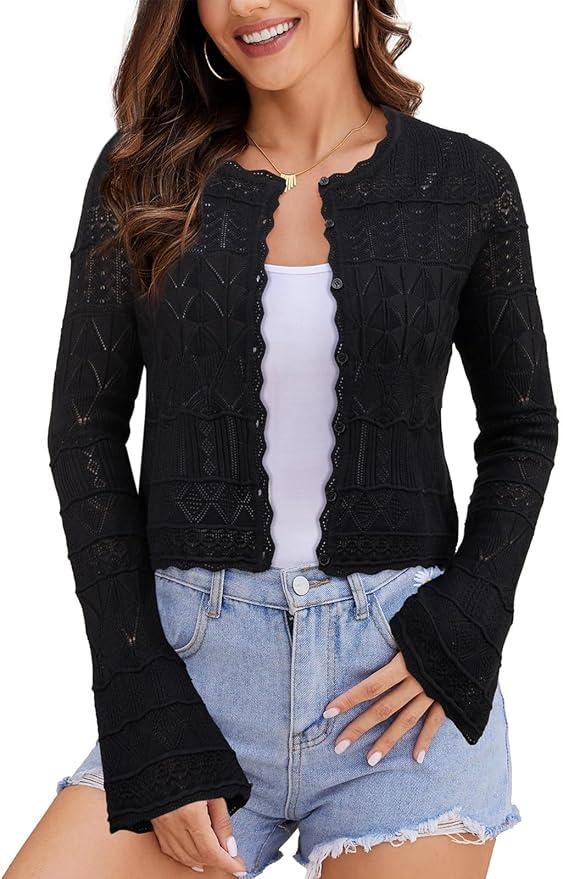 Women's Cropped Cardigan Sweater Bell Long Sleeve Lightweight Crochet Button Down Knit Bolero Shrugs for Dresses M 
