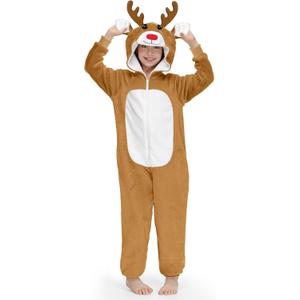 IIMMER Christmas Big Boys Boys Fleece Cute Brown Reindeer Jumpsuit with Hood for Girls Zipper Xmas Cute Animal Deer Outfit 11-12 Years