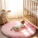 Ashler Faux Fur Rug, Pink Fluffy Shaggy Area Rug, Soft 3x3 Ft Round Sheepskin, Fuzzy Machine Washable Carpet, Nursery Rug for Kids Bedroom, Living Room