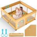 Omzer Baby Playpen with Mat 50x50inch: Large Playpen for Babies and Toddlers Indoor Safety Play Pen with Soft Breathable Mesh - All-Wrapped Sponge Sturdy Play Yard with Stable Mat Magic Sticker Beige