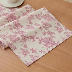 100% Cotton French Pastoral Table Runners, 13x90 Inch Pink Farmhouse Table Runners 90 Inches Long, Vintage Flowers Print Home Decors