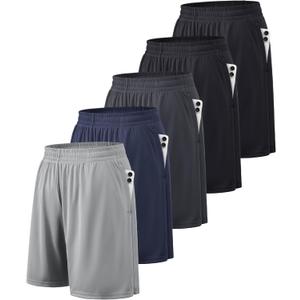 BALENNZ Athletic Shorts for Men with Pockets and Elastic Waistband Quick Dry Activewear (Large, 5 Pack Black, Black, Navy, Dark Grey, Light Grey)
