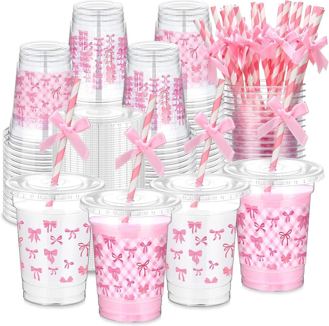 Tioncy 100 Set 12 oz Pink Bow Party Plastic Cups with Lids and Straws Coquette Disposable Bow Clear Plastic Cups for Hot Cold Drinks Birthday Baby Shower Bachelorette Party Supplies
