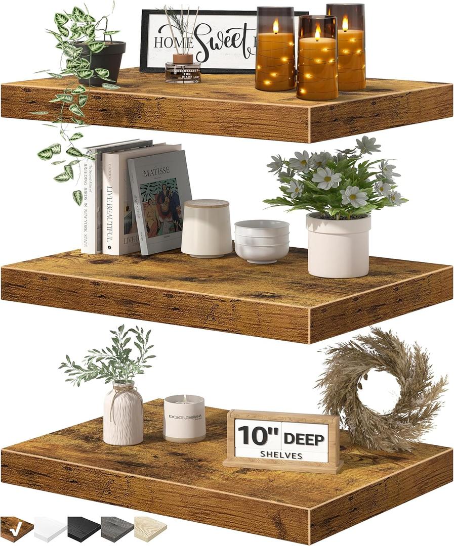 QEEIG 10" Deep Floating Shelves for Wall - 10 x 16 inch Book Shelf Bathroom Bedroom Kitchen Living Room Hanging Bookshelf Farmhouse Set of 3, Rustic Brown (025-40BN3)