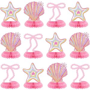 12 Pcs Pink Bow & Seashell Birthday Party Table Decor, Pink Bow Honeycomb Centerpieces, 3D Coquette Starfish Seashell Pearl Table Topper for Birthday Bachelorette Bridal Wedding Party Supplies