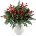 60 Pcs Artificial Pine Branch Set,Christmas Greenery Stems with Pinecones&Red Holly Berries, Fake Cedar Pine Needles Picks for Xmas Tree Wreath Garland DIY Crafts Christmas Decorations Indoor Outdoor (Natural)