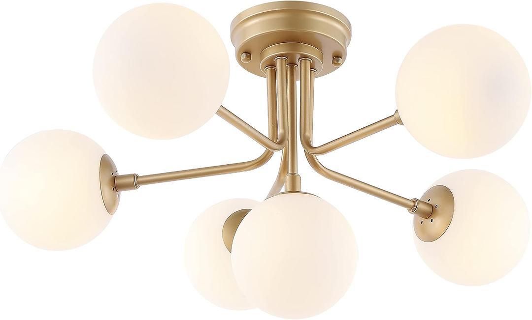 JONATHAN Y 24" Brass Gold Parisian 6-Light Globe Modern Industrial Iron Bistro LED Semi Flush Mount, Ceiling Light with White Frosted Glass Shade for Kitchen Bedroom JYL9542A, 24.0 in