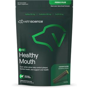 VetriScience Healthy Mouth Dental Chews, Perio Plus Sticks for Dogs, with Probiotics, Spirulina & Zeolites, Breath Freshening, Plaque & Tartar Control, Chicken, 30 Count