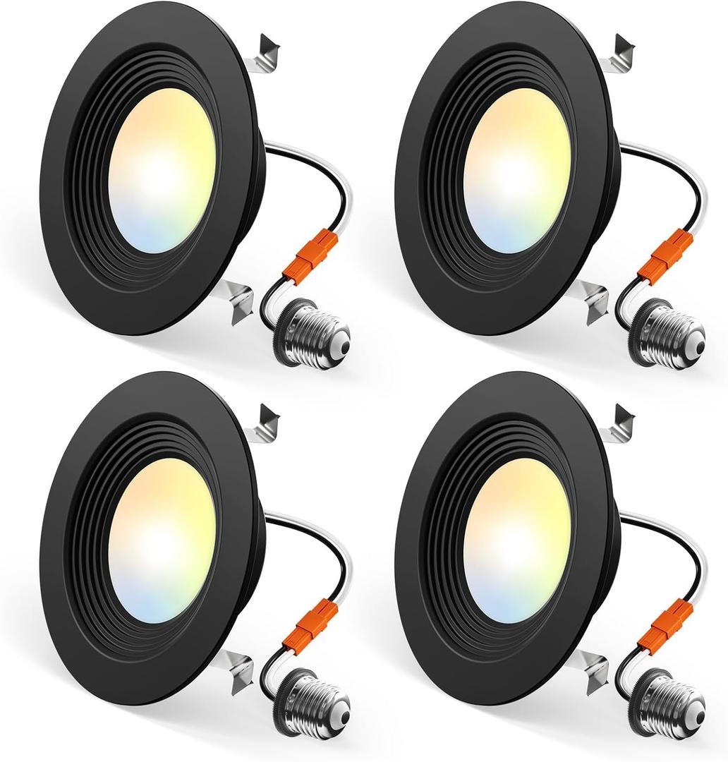 Amico 4 Pack 4 inch 5CCT LED Recessed Lighting, Dimmable, 8.5W=60W, 650LM, 2700K/3000K/4000K/5000K/6000K Selectable, Retrofit Can Lights with Baffle Trim, IC Rated - ETL & FCC, Black
