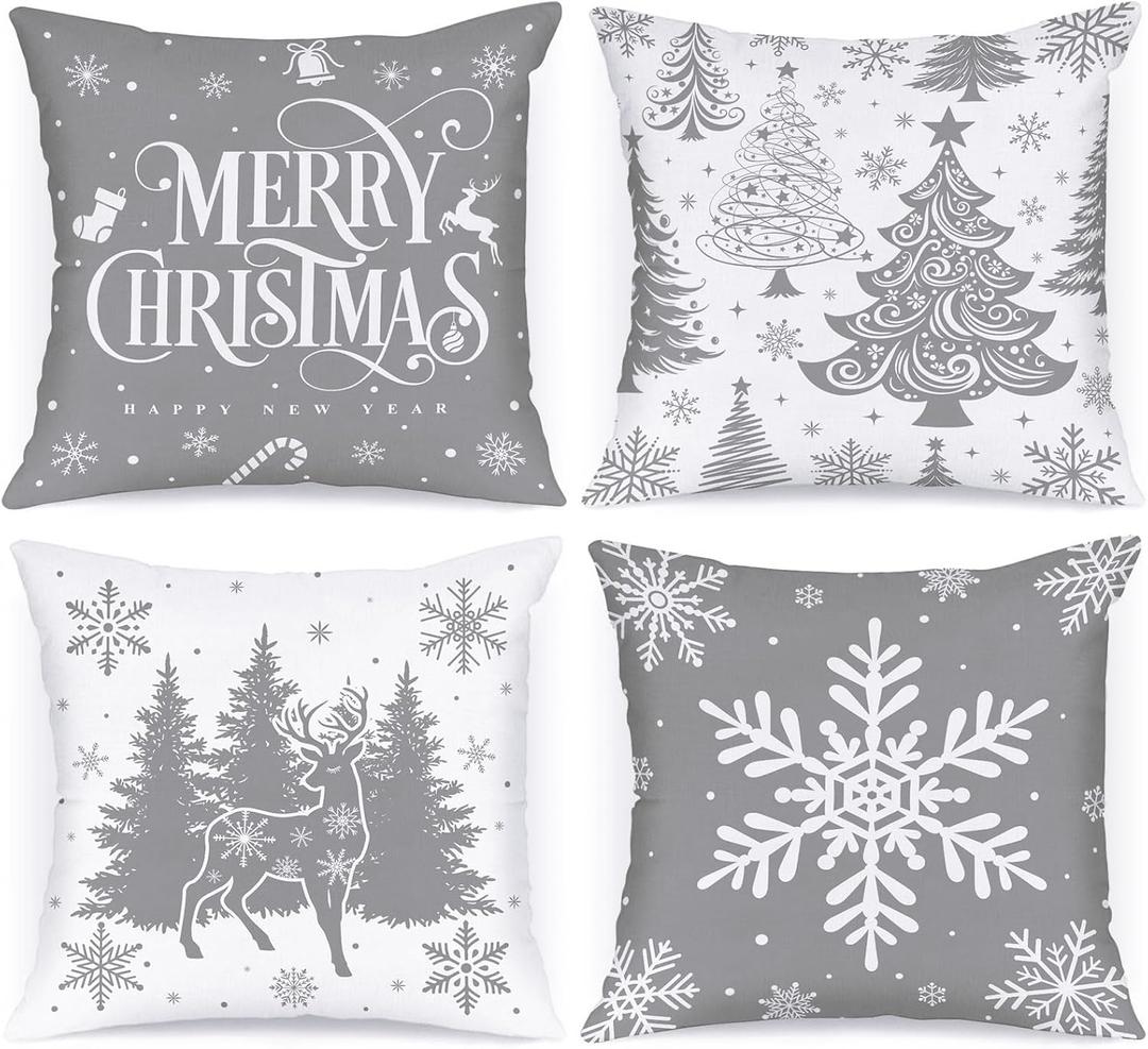 Lanpn 22x22 Grey Christmas Pillow Covers Set of 4, Winter Decorative Pillow Case, Merry Christmas Tree Cushion for Indoor Home Bedroom Sofa Xmas Couch Decor