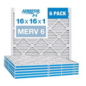 Aerostar 16x16x1 MERV 6 Pleated Air Filter, AC Furnace Air Filter, 6 Pack (Actual Size: 15 3/4"x15 3/4"x3/4")